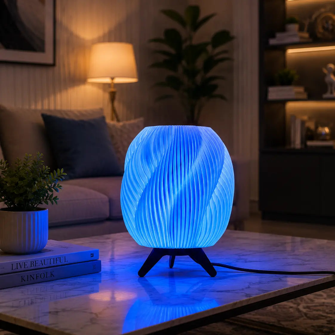 Modern Sculptural Smart Glow Table Lamp, App Controlled (16M+ Colours) - Side Profile | Handcrafted 3D Printed Home Décor by Aareka