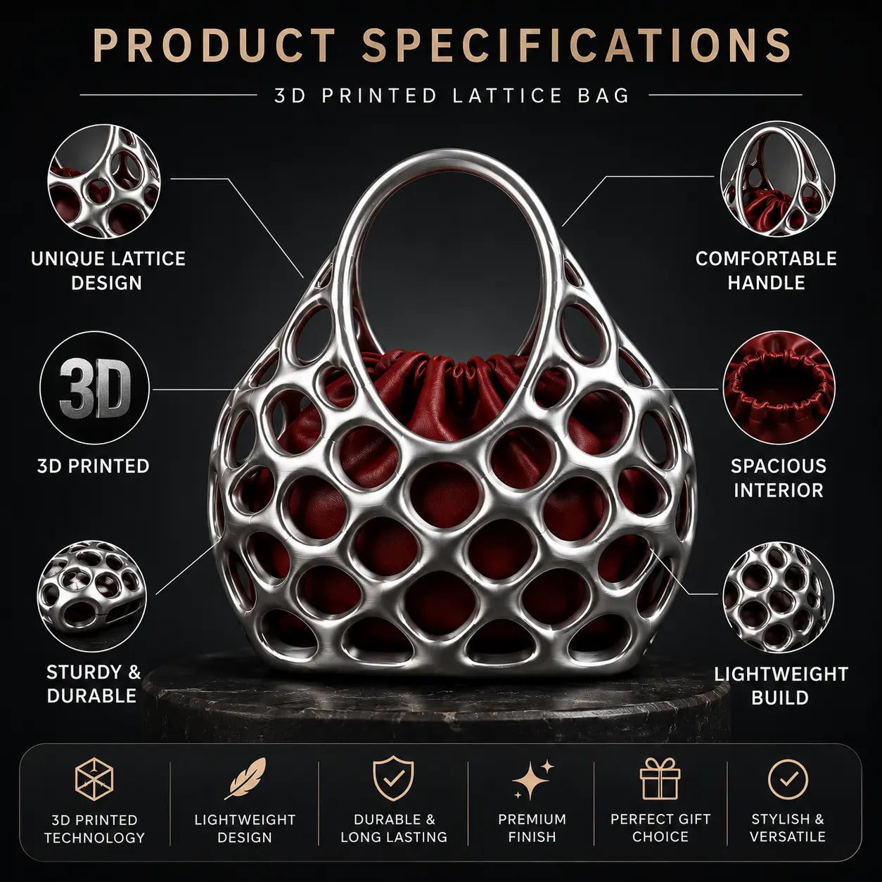 Premium 3D Printed Geometric Luxury Handbag